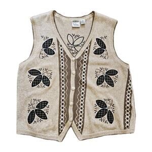 Vtg CJ Banks Embroidered Sweater Vest Womens 1X Beige Boho Artsy Cottage